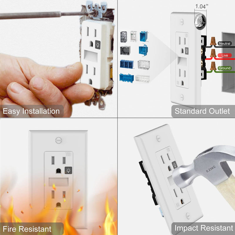 SOZULAMP Night Light Wall Outlet-Easy to Install,Standard Electrical Outlets with Nightlight,White,2 Pole 3 Wire,Non-Tamper Resistant,Wall Plate Included(4Pack,Daylight White LED) Non-Tamper Resistant Daylight White LED