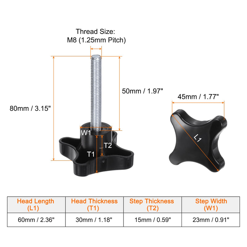 HARFINGTON 2pcs Star Knobs M8 x 50mm Male Thread Plastic 4-Star Stud Knob Hand Tightening Clamping Screw Replacement Threaded Handle, Black