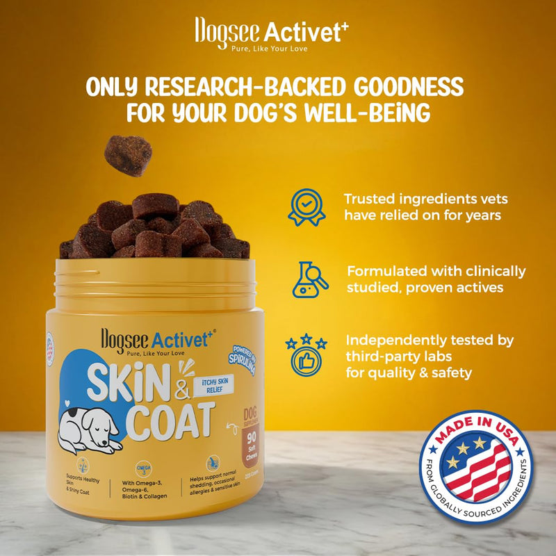 Dogsee Activet+ Dog Skin Coat Supplement Chews, with Omega 3, Omega 6,EPA & DHA, Biotin & Collagen, Stops Itchy Skin, Reduces Shedding, Promotes Shiny Coat, Healthy Skin, Chicken Flavor - 90 Chews Skin & Coat - Chicken