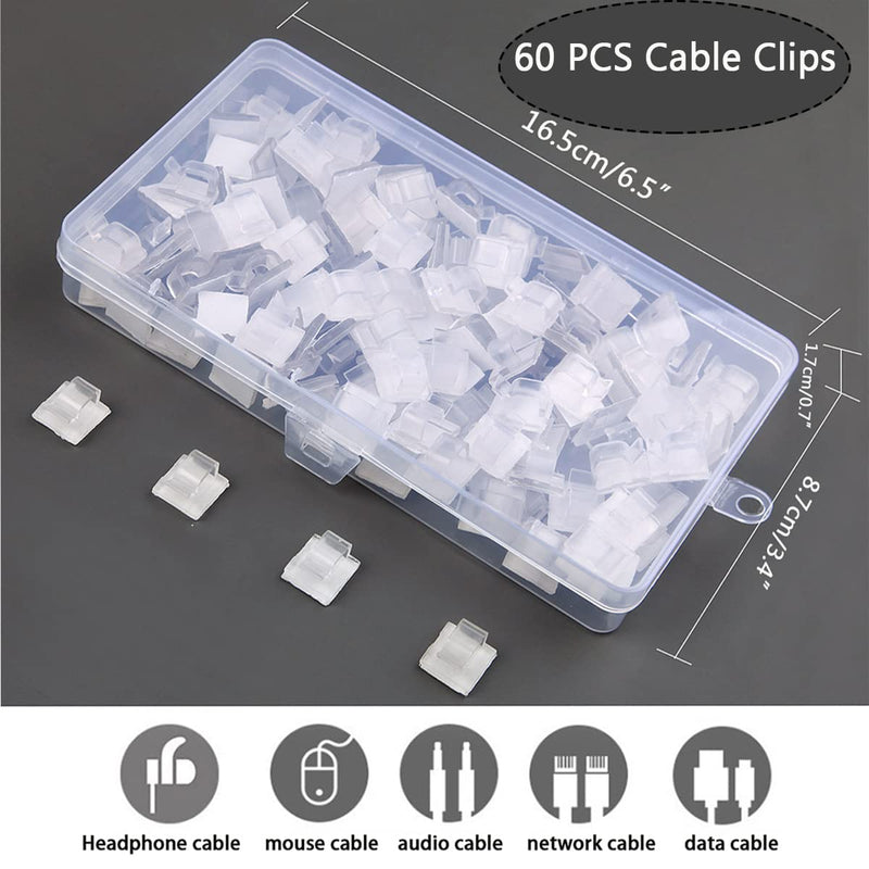 60PCS Cable Clips, KGROTE Outdoor Wire Clips Adhesive Cable Hooks Cord Organizer Holder Christmas Light Clips for Desk, Wall Cable Management, String Lights, Fairy Lights, Decorations Hanging - Clear Small-60PCS