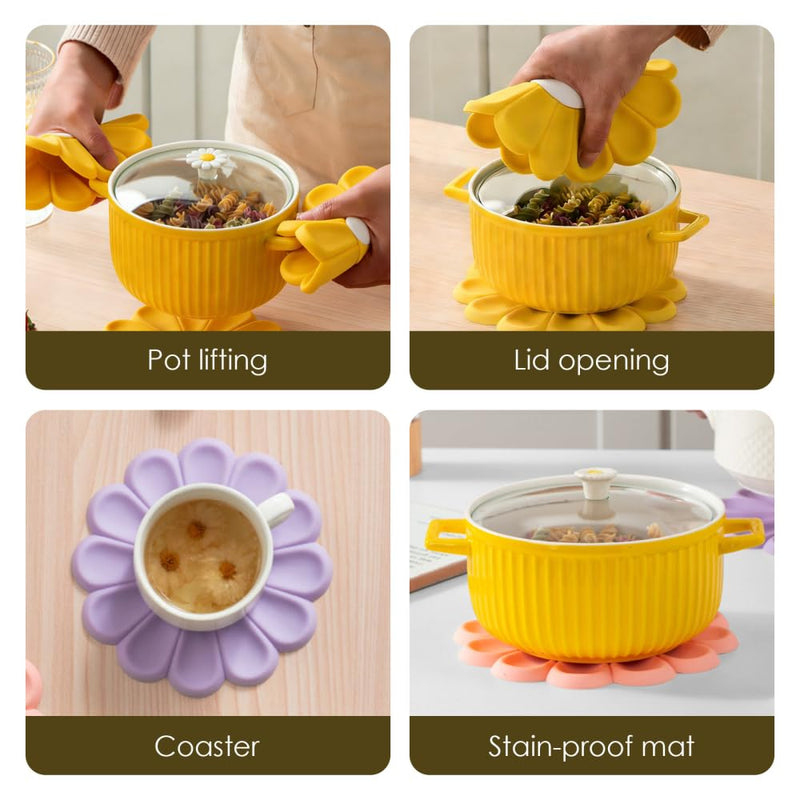 4Pcs Silicone Daisy Heat Pads, Creative Hot Pots Trivet Heat Resistant Mat for Kitchen Cooking White 17cm