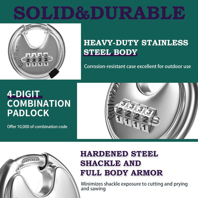 Discus Combination Lock,Heavy Duty Stainless Steel Disc Combination Padlock for Storage Unit, Sheds, Garages and Trailer