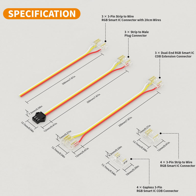 PAUTIX 12mm Connectors for RGB Smart IC COB LED Strip Light,3-Pin Solderless Terminal Connection Kit,Dual-End Extension Connector,Strip to Male Plug Connector,Gapless Connector,Strip to Wire Connector Connector Kit
