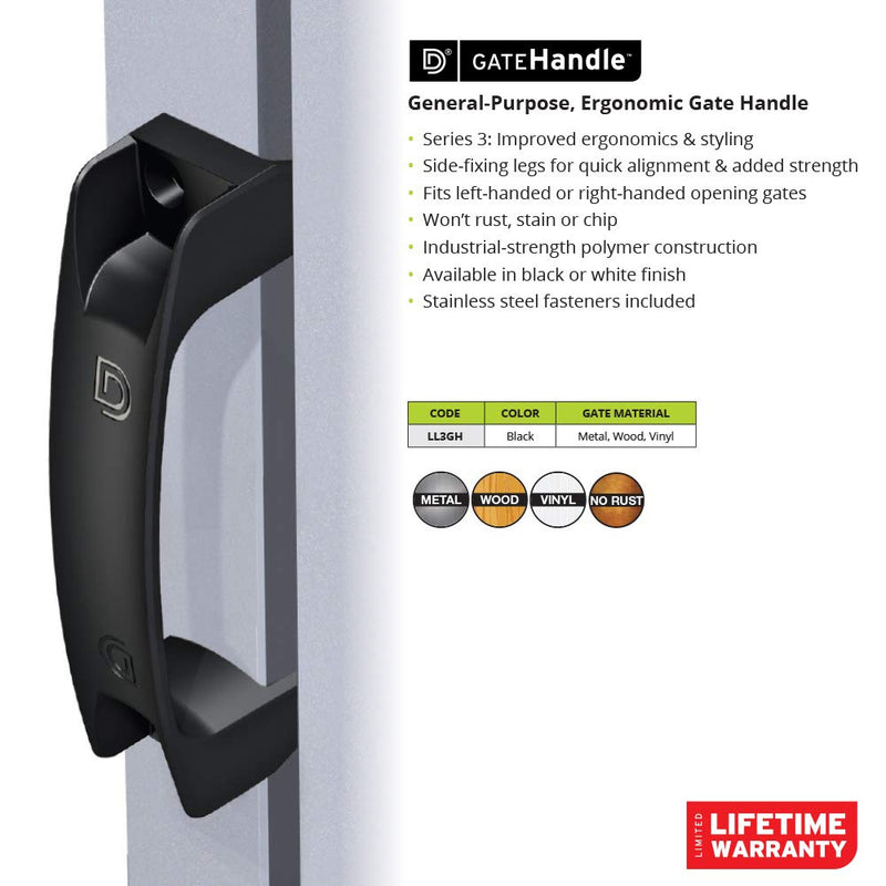 D&D TECHNOLOGIES LL3GH Gate Handle, Reversible for Right or Left Handing, Side-Fixing Legs Provide Easy Alignment & Added Strength, for Any Square Post Gate Black