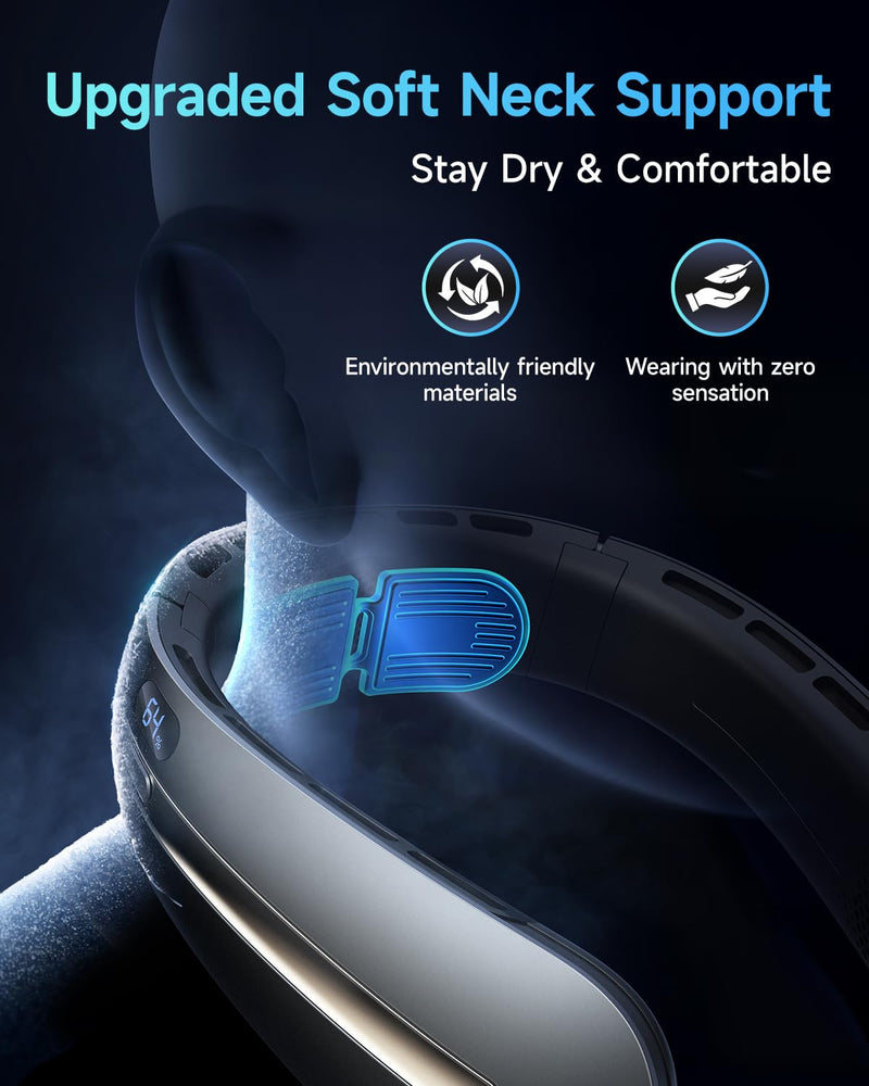 SWEETFULL Neck Fan, 3 Turbo Portable Fans with Neck Support, 4 Speed & LED Display, 5200mAh Rechargeable Personal Fan, Hand-Free Wearable Bladeless Cooler, Gift for Travel Birthday, Men, Women (Black) Black