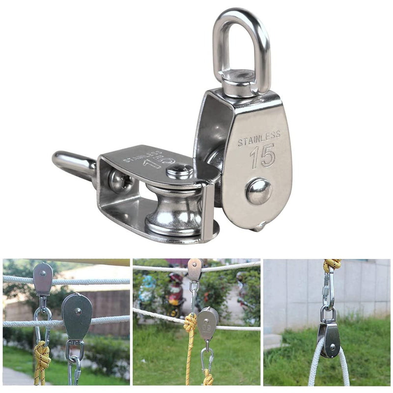 YAMASO,2Pcs 304 Stainless Steel M15 Silver Single Pulley Block Wire Rope Hanging Wire Towing Wheel M15-2pcs