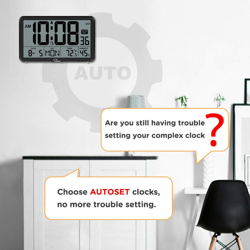 WallarGe Auto Set Digital Wall Clock Battery Operated, Desk Clocks with Temperature, Humidity and Date, Large Display Digital Calendar Alarm Clock for Elderly, Bedroom, Office, 8 Time Zone, Auto DST. Black