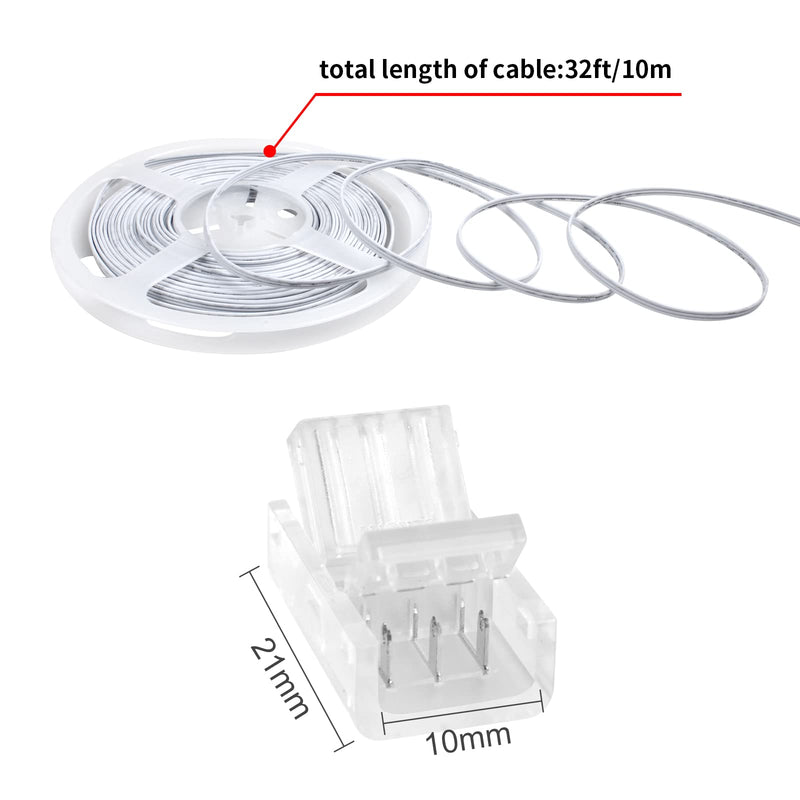 RGBZONE 3 Pin 10mm LED Connector Kit with 32.8ft 3 Pin Extension Cable and 10 Pcs 3 Pin LED Strip to Wire Connectors for 10mm IP20/IP65 SMD 5050 Dream Color LED Strip Light WS2811 WS2812B 3pin 10mm kit
