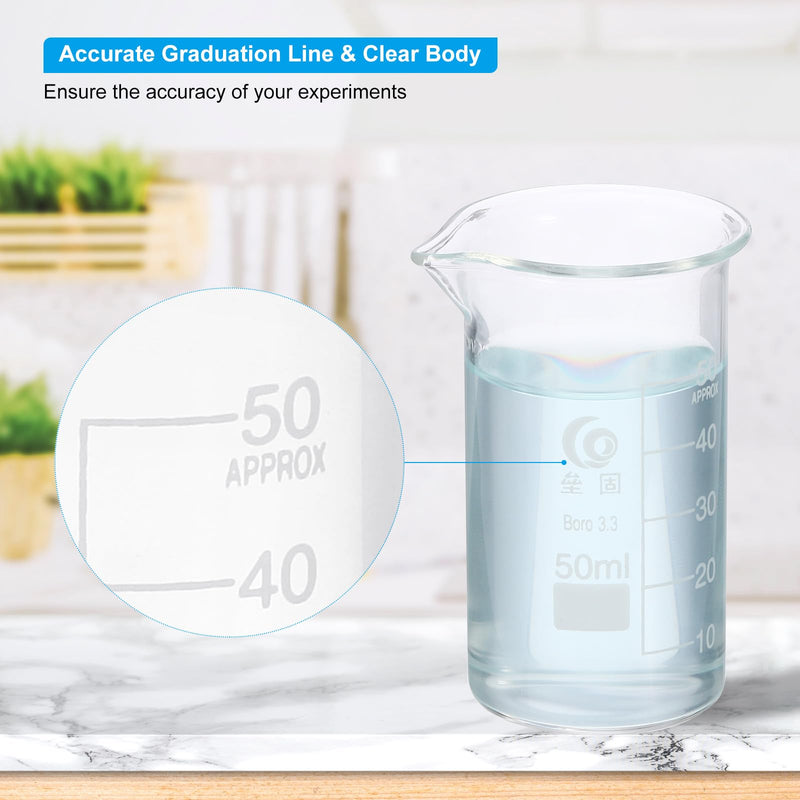 PATIKIL 50ml Tall Glass Beaker, 8Pcs 3.3 Borosilicate Glass Beakers Graduated Measuring Cup with Spout for Lab Experiment, Cooking and Baking, Clear