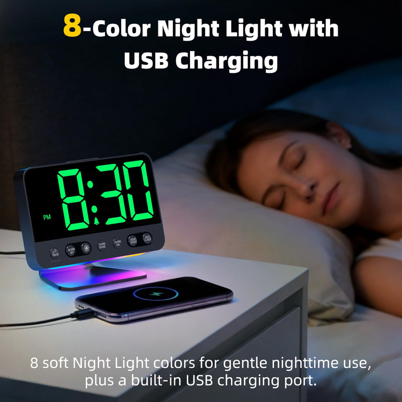 Digital Alarm Clock with Large Numbers for Bedrooms: Bold Display Readable Across The Room with 5 Level Brightness - 5 Alarm Sounds 8 Night Lights for Kids Seniors Teens - Green Black - Green Digits