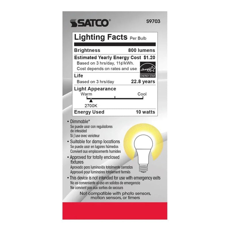 Satco S9703 10W A19 LED Light Bulb, 2700K Warm White, 800 Lumens, 90+ CRI, Frosted, 220° Beam Spread, Medium E26 Base, Dimmable, 120V, 25,000 Hr, Enclosed Fixture Rated, Energy Saving (6 Pack)