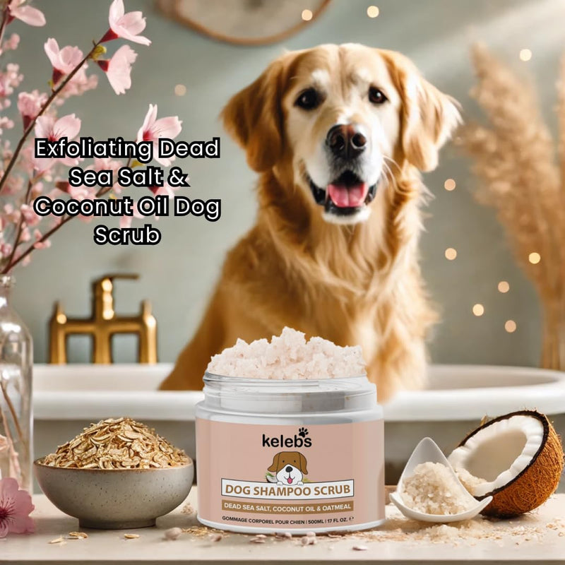 Exfoliating Dead Sea Salt & Coconut Oil Dog Scrub - Deep-Cleansing, Anti-Itch, Moisturizing with Oatmeal & Essential Oils - PawsPlanet Australia