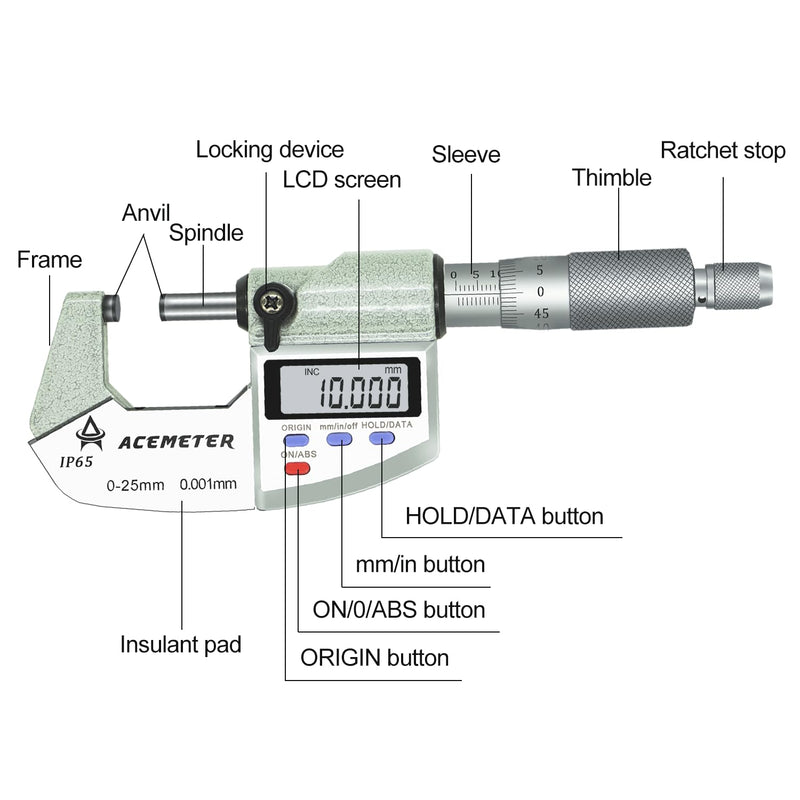 Digital Micrometer Precision Professional 0-1" (0-25mm) Range, 0.00005" (0.001mm) Resolution,Large Screen Digital Micrometer, Meets IP65 Specifications with Standard Ratchet Stop