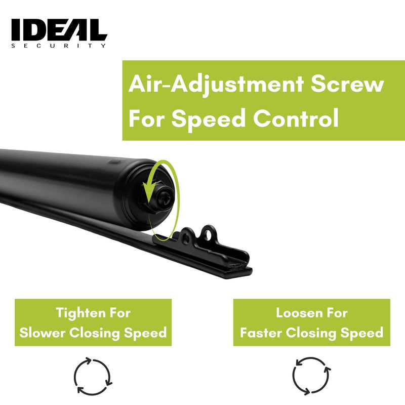Ideal Security Model 8160 Heavy-Duty Pneumatic Storm Door Closer with Torsion Bar and Wind Chain, 10.5" L x 1.5" W, Adjustable Speed, Secure Closing, Black