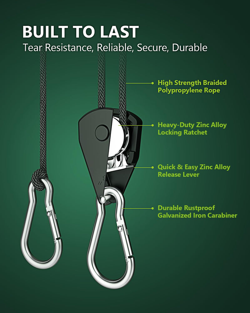 4-Pack 1/8" Adjustable Rope Hanger, Heavy Duty Ratchet Tie Down Strap with Reinforced Metal Gear, Ratcheting Pulley System Kayak Straps for Hanging Plants Grow Light and Various Tie-Down Uses 4-Pack 1/8"