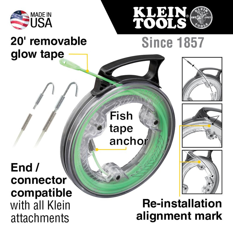Klein Tools 50550 20-Foot Glow In The Dark Fish Tape, Made in USA, Fiberglass with Nylon Tip and Stainless-Steel Connector for Fish Rod Attachments 20-foot Glow Fishtape