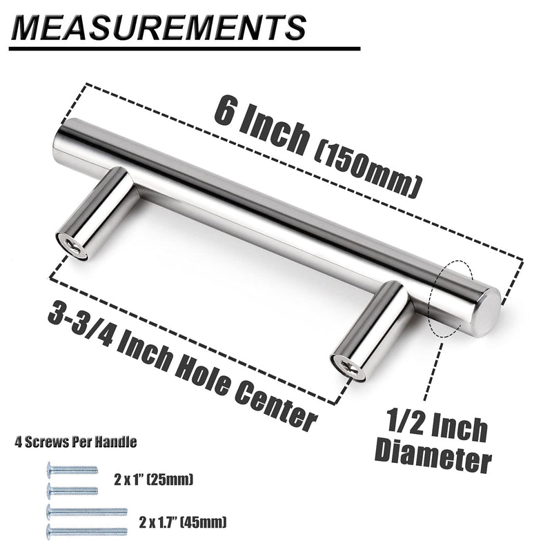 Probrico 30Pack 3-3/4 Inch Polished Chrome Cabinet Pulls, 6 Inches Total Length, Stainless Steel Kitchen Cabinet Hardware, Chrome Drawer Pulls hole center 3-3/4