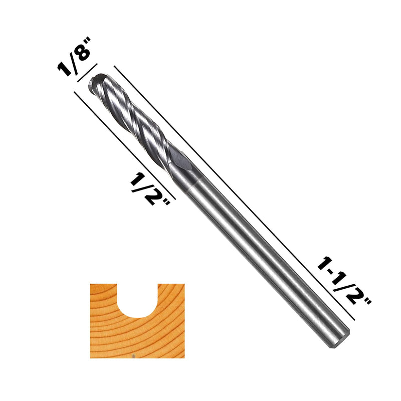 SainSmart Genmitsu 5pcs Ball Nose End Mills CNC Router Bits, 1/8" Shank Tungsten Steel CNC Cutter with 3-Flute, 1-1/2” Overall Length TiAlN Coated for Aluminum, Metal, Plastic, MDF, Wood, 3BNB05