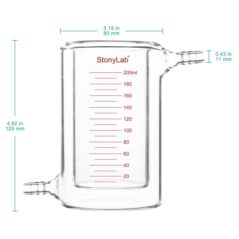 Stonylab Glass Jacketed Beaker, 200 ml Borosilicate Graduated Flat-Bottom Double-Layer Lab Reaction Beaker