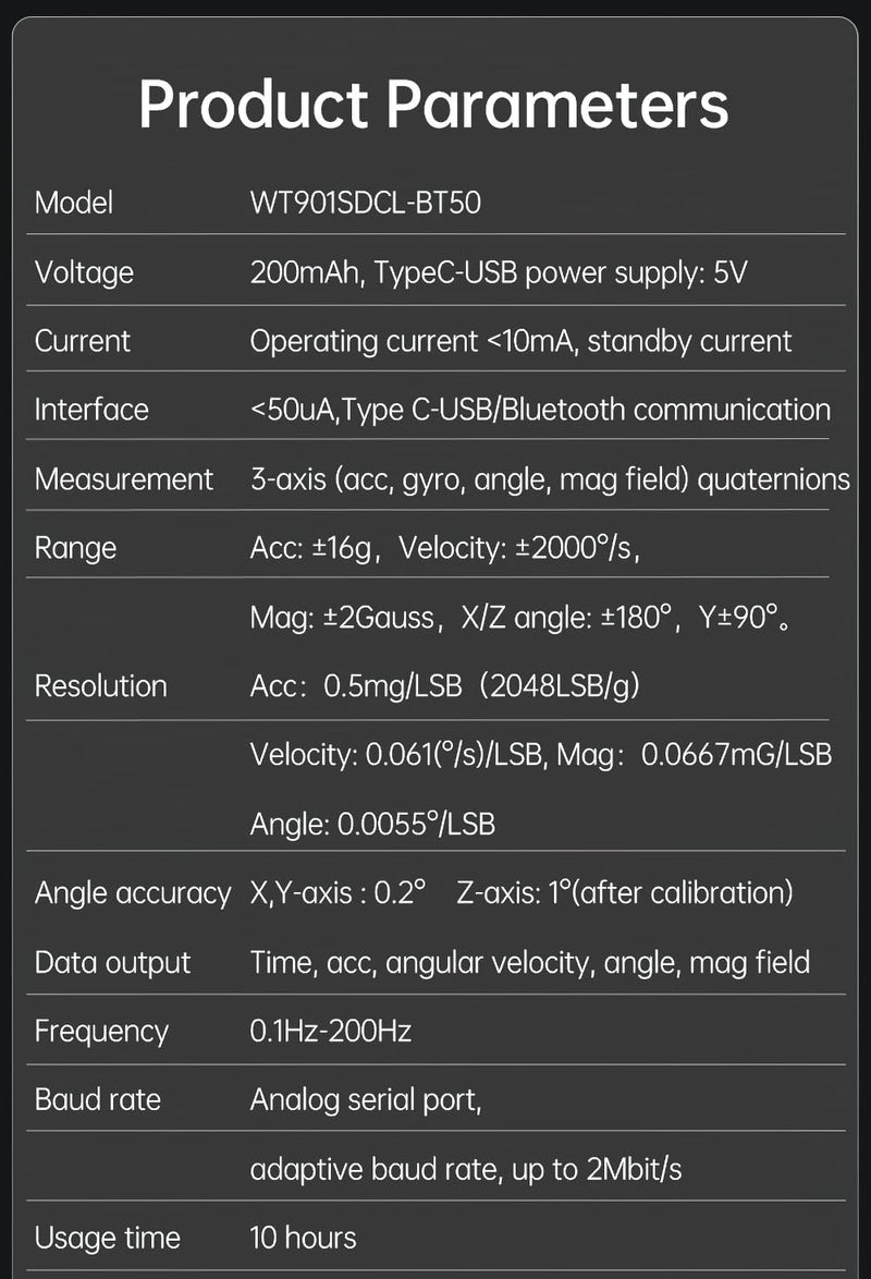 【9-Axis Offline Accelerometer Data Logger】WT901SDCL-BT50 Bluetooth 5.0 Remote Reading SD Card Accelerometer, 9-axis Gyroscope+Angle(XY 0.05°)+Magnetometer, MPU9250 200Hz Inclinometer with 16G SD Card
