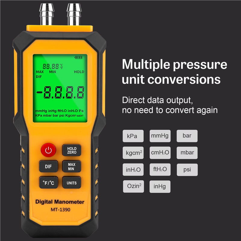 5/16 Inches Diameter Pressure Port Digital Manometer, YZT Meter Dual Port Air Pressure Meter Pressure Gauge HVAC Gas Tester, Differential Pressure Manometer 5/16 Inches Diameter Port