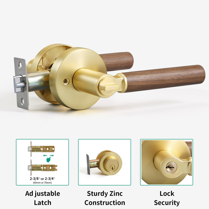 YAGU Wooden Round Entry Lever Door Handle and Single Cylinder Deadbolt Locking Lever Handle Set Pack of 1 [Front Door or Office] Right & Left Sided Doors Heavy Duty – Satin Brass Finish 1 Pack Entry & Deadbolt Combo