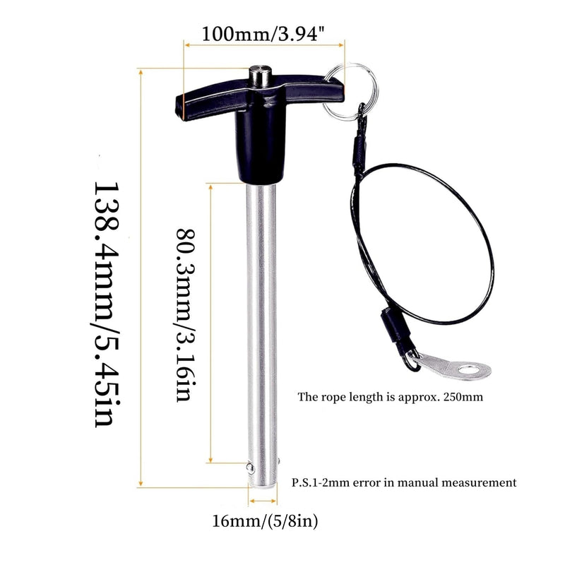 Pair of T Handle Lock Pins Stainless Steel 304 Push-Button Quick Release Pin, Pin Dia 5/8in(16MM). Clamping Length 31/6in(80mm with Lanyard Cable (2PCS) 2