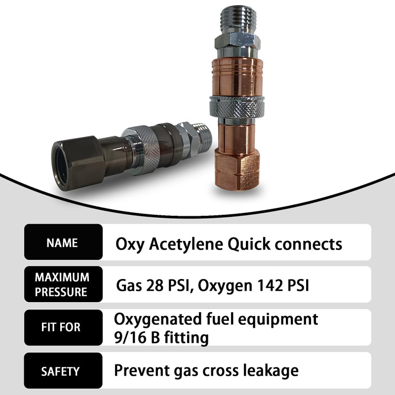Upgraded Oxy Acetylene Quick Connects,Quick Connect Hose Fittings,Cutting Torch Hose Quick Connect Sets,Fit for 9/16"-18 B Fittings, Max 29 PSI for Fuel Gas and 145 PSI for Oxygen