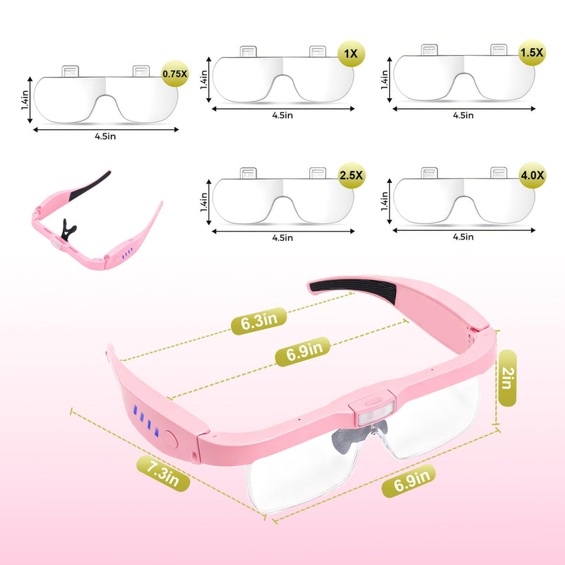 Professional Magnifying Glasses Headset with 5 Detachable Lenses 0.75X-4.0X & 3 LED Lights, Rechargeable Hands-Free Headband Magnifier for Close Work, Jewelry Crafts Hobby (Pink) Pink