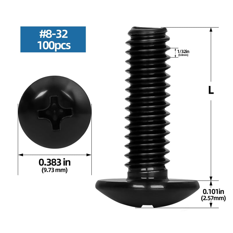 #8-32 x 3/4" Truss Head Machine Screws, Full Thread, 304 Stainless Steel Black Finish, 100 PCS #8-32 x 3/4"