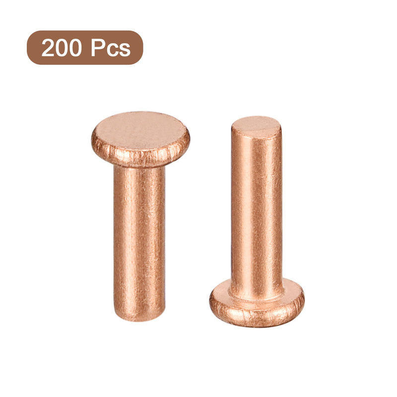 uxcell 200Pcs Copper Solid Rivets, 3/32" x 5/16" Flat Head Rivet Metal Fasteners for Electrical Applications, Leather Working Supplies 3/32" x 5/16" 200