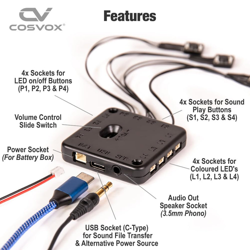 Cosplay Sound Effects Module. DIY Audio MP3 Sound Chip with 4 Push Buttons, 8MB Memory. Add Sound Effects or Music to Your Cosplay Costume Accessories, Crafts, Props and Replicas.