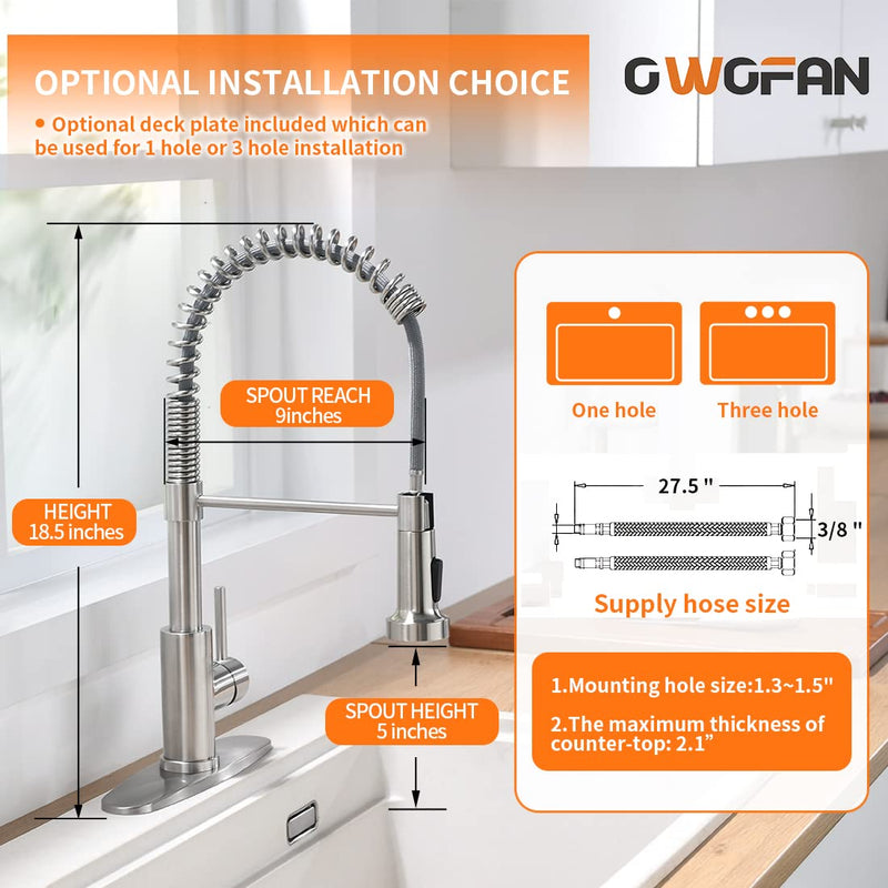 OWOFAN Kitchen Faucet with Pull Down Sprayer Brushed Nickel Stainless Steel 1 Handle Pull Out Spring Sink Faucets 1 Hole Or 3 Hole Dual Function for Farmhouse Camper Laundry Utility Rv Wet Bar Classic A-Brushed Nickel