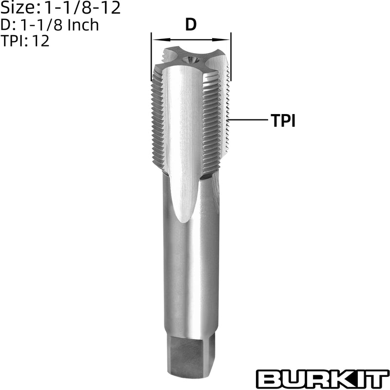 Burkit 1-1/8"-12 UNF Thread Tap Right Hand, HSS 1-1/8 x 12 UNF Straight Fluted Machine Tap