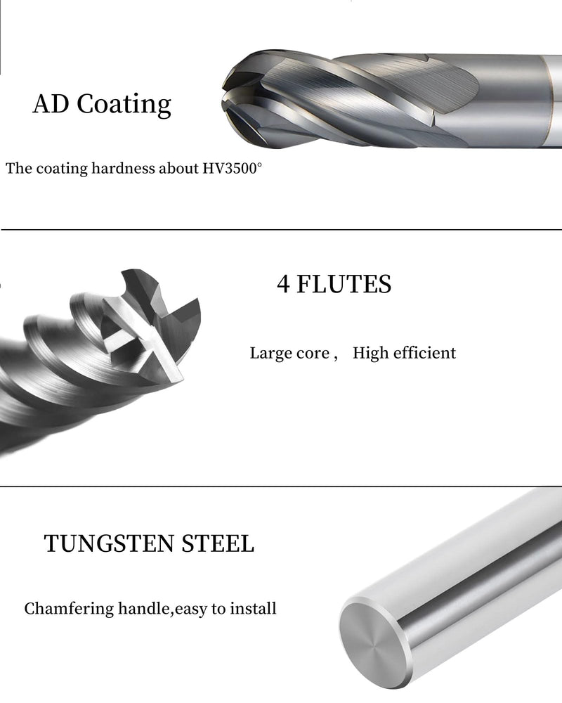 2PCS HRC45 Carbide Square and Ball Nose End Mill Bits Set, Tungsten Steel End Mills Bits Cutter, Carbide End Mills for Alloy Steels/Hardened Steels 4 Flutes (2pcs 1/2" Square and Ball nose End mill) 2pcs 1/2" Square and Ball nose End mill