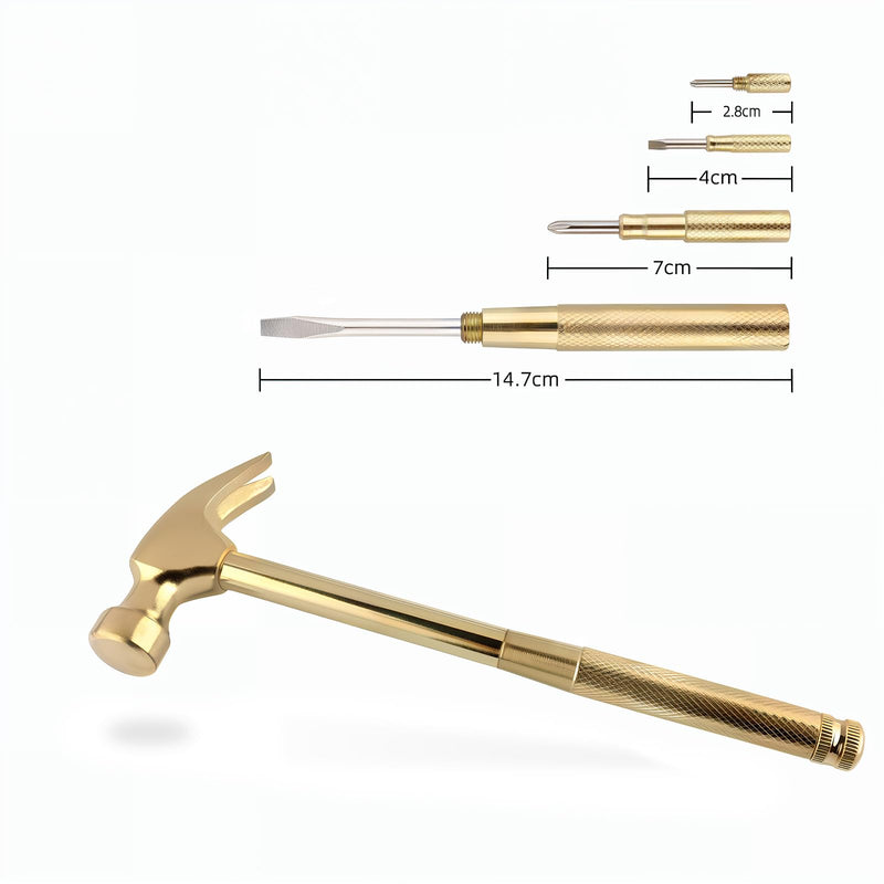 Multifunction Hammer 6 in 1 with Slotted/Flat Head Phillips Screwdriver Claw Hammer Manual, Portable Metal Mini Tool Hammer (Gold) Gold