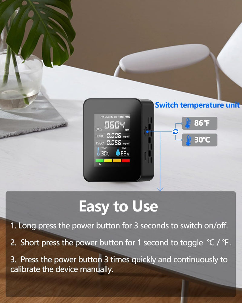 Air Quality Monitor Indoor, Professional Portable CO2 Detector, TVOC HCHO Humidity Temperature Meter, Air Quality Tester Analyzer for Office Car