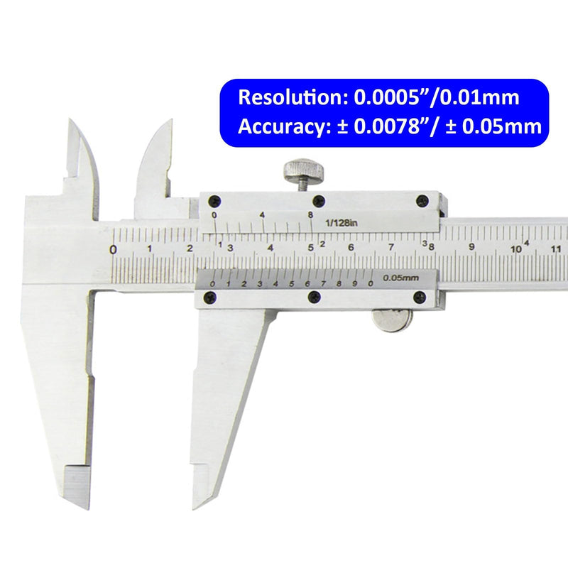 Non Digital Vernier Caliper, 6"/150mm Stainless Steel Caliper Measuring Tool, High Precision Micrometer Carbon Caliper, 1/128" & 0.05mm Dual Reading Scale
