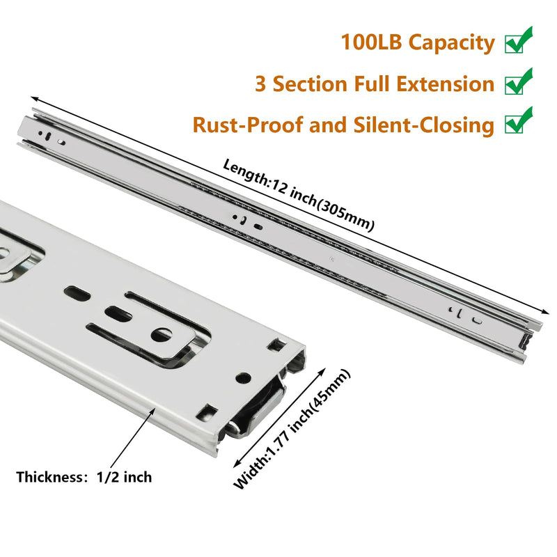 LONTAN 1 Pair Full Extension Ball Bearing Drawer Slides 12 14 16 18 20 22 24 Inch Heavy Duty Side Mount File Cabinet Rails Dresser Runner Kitchen Cabinet Drawer Glides 100 LB Capacity (12 inch,Silve) Silve-1 Pair 12 Inch