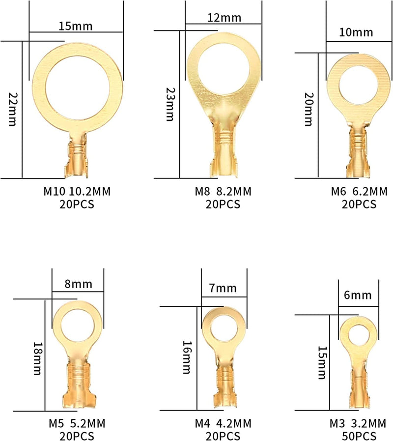 160 Pcs Copper Ring Terminals, M3/M4/M5/M6/M8/M10 Brass Wire Connectors, Open Barrel Wire Ring Cable Lugs Crimp Kit, Brass Copper Ring Crimp Cable Terminals Electrical Terminals Kit