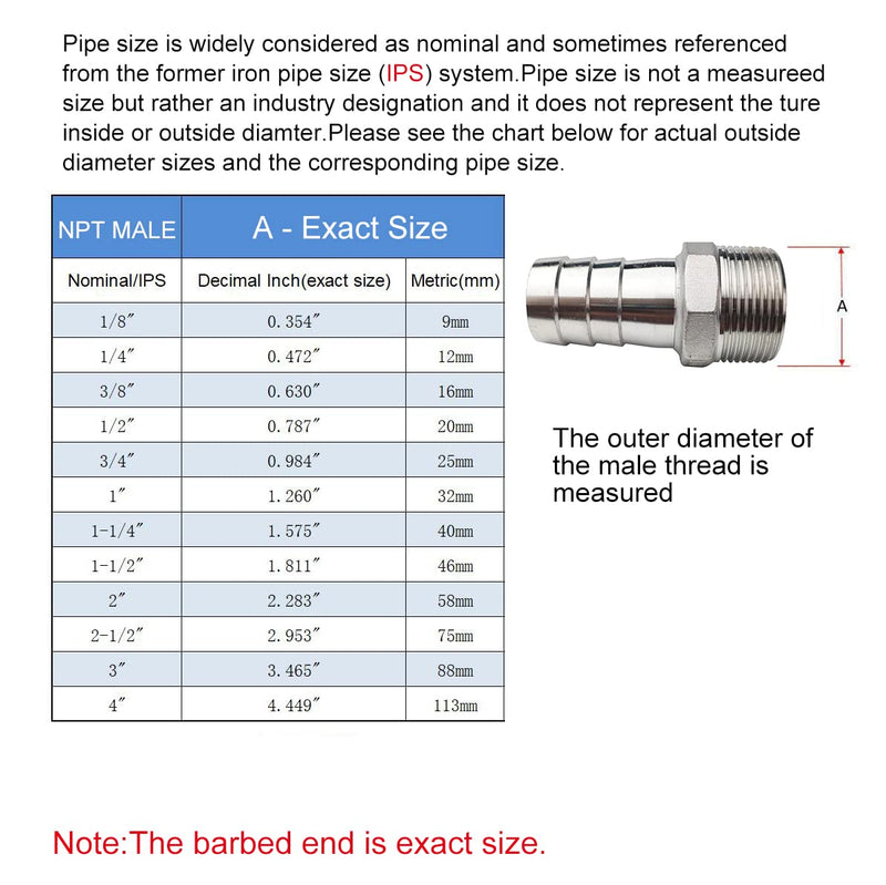 1-1/2"(40mm) Hose Barb to 1-1/2" NPT Male Threaded- Stainless Steel Hose Fitting Connector Adapter Pipe Fitting Pack of 2 1-1/2" Barb x 1-1/2" NPT Male