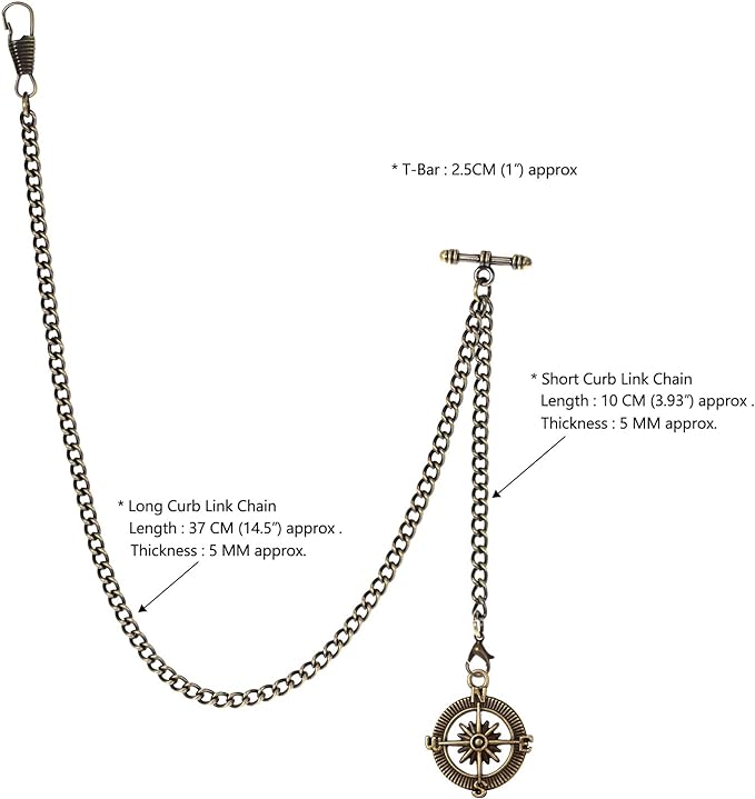 TREEWETO Men's Pocket Watch Chain Albert Chain with 2 Hooks and Compass Pendant - NewNest Australia
