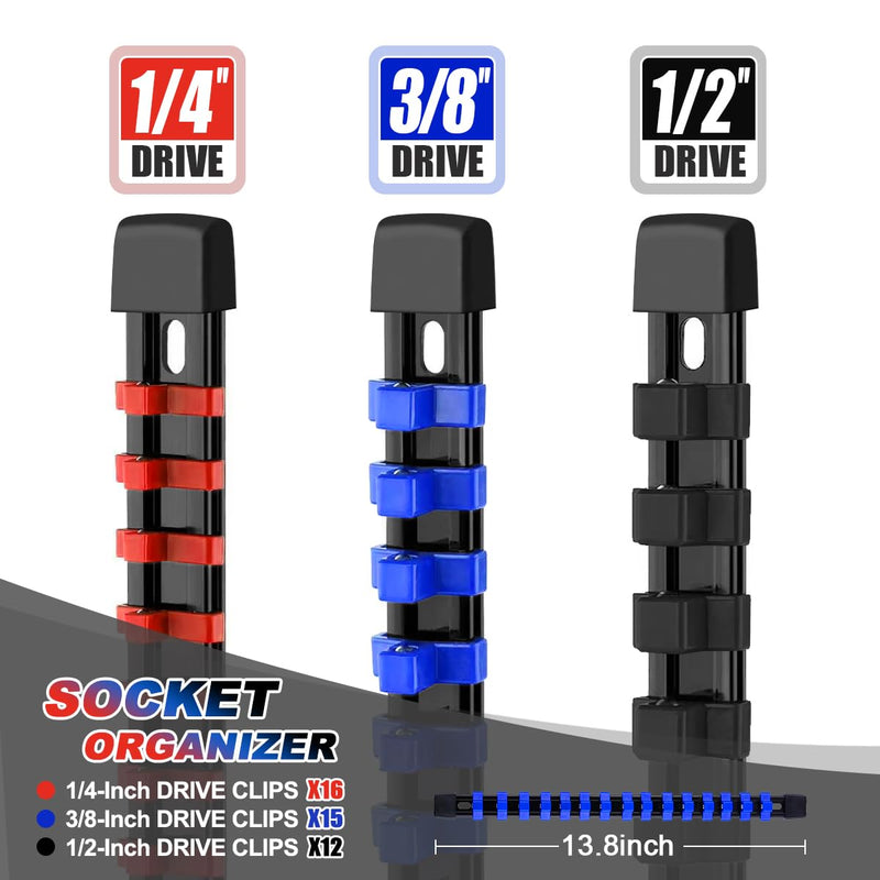 3-Piece Socket Organizer Rail Set, Premium Socket Holder, Heavy-Duty Socket Rack Kit With 43 Clips 1/4-Inch x 16 Clips, 3/8-Inch x 15 Clips, 1/2-Inch x 12 Clips – Ideal for Tool Storage 3 Pcs