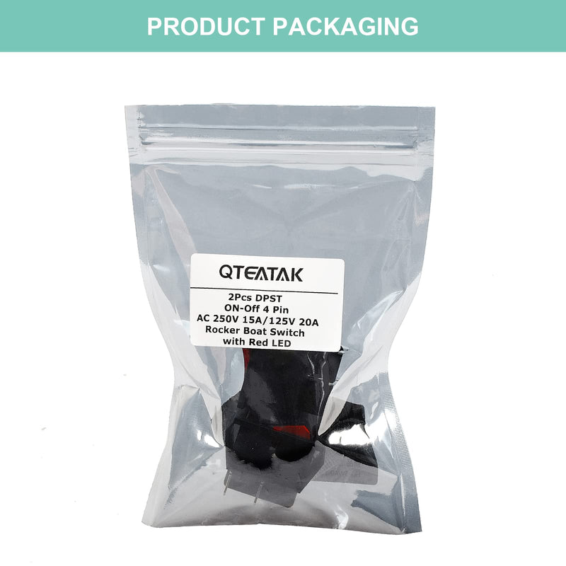 QTEATAK 2Pcs AC 20A/125V 15A/250V DPST 4 Pins 2 Position ON/Off Boat Rocker Toggle Switch with Red LED Light AC 16A/250V 20A/125V