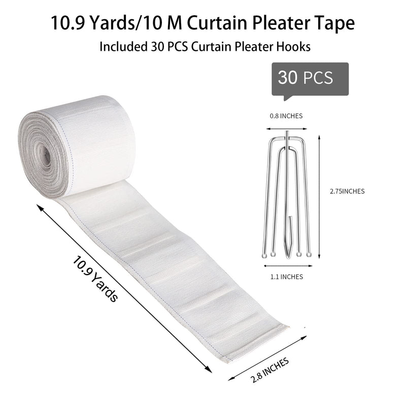 Curtain Pleat Tape, 10 Meters/10.9 Yards Pleater Tape for Curtains, Included 30 Pcs Stainless Steel 4 Prongs Curtain Pleater Hooks for DIY Pinch Pleat Curtain, White