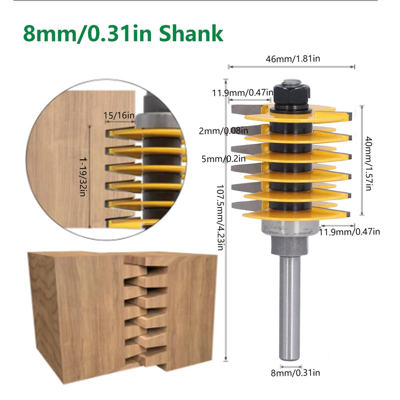 8mm Shank Finger Joint Router Bit, 2 Teeth Adjustable 46mm Cutter Head Cutting Tool for Woodworking