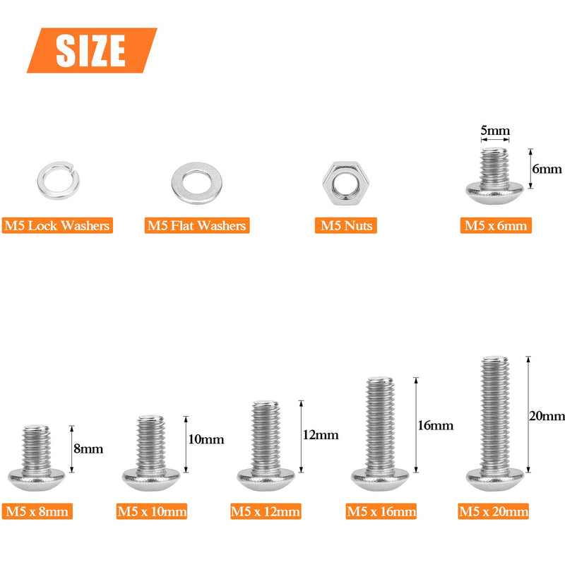 210 Pieces M5 x 6mm /8mm /10mm /12mm /16mm /20mm, Hex Button Head Cap Metric Screws Bolts Washers Nuts Kit, 304 Stainless Steel