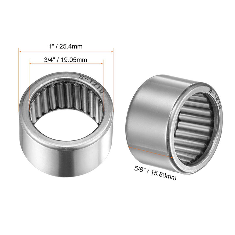 uxcell B1210 Needle Roller Bearings, Full Complement Drawn Cup, Open, 3/4-inch I.D. 1-inch OD 5/8-inch Width 6670N Static Load 4010N Dynamic Load 5500Rpm Limiting Speed 2pcs 3/4x1x5/8"