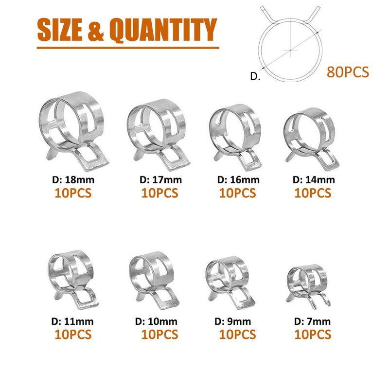 ISPINNER 80pcs Spring Band Type Fuel/Silicone Vacuum Hose Pipe Clamp, 7mm-18mm Low Pressure Air Clip Clamp 7mm 9mm 10mm 11mm 14mm 16mm 17mm 18mm (Silver) Silver