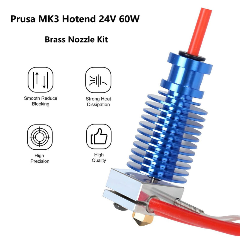 Prusa i3 MK3S+ Hotend 24V 60W Upgrade Kit for Prusa i3 MK3,MK3S,MK3S+3D Printer V6 Hotend 24V Replacement Parts,V6 Bi-Metal Heatbreak,V6 Brass Nozzle 0.4mm,Heater Block Aluminum. Prusa MK3 Hotend Brass Nozzle Kit